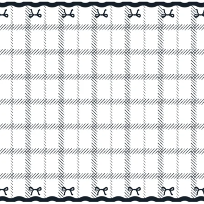 Toalha de mesa quadriculada cinza e branca com borda ondulada e laços pretos