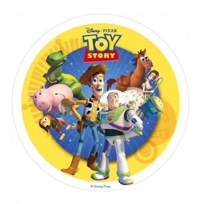 Imagem redonda com personagens do filme Toy Story e texto Disney PIXAR TOY STORY