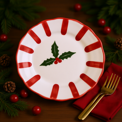 Prato de cerâmica de Natal com decoração de folhas e bagas, garfo dourado e decoração de Natal na mesa