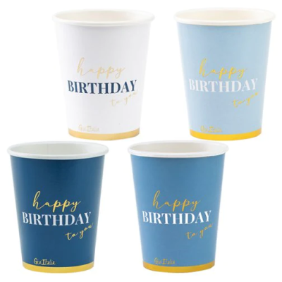 Copos de papel para festa com texto 'happy BIRTHDAY to you' em branco e azul