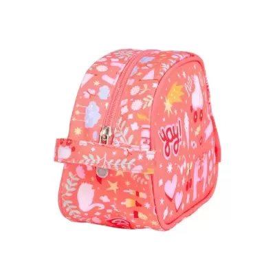 Necessaire rosa com padrão colorido, fecho de correr e alça lateral