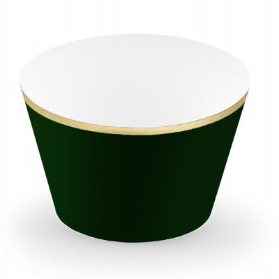 Copo descartável de papel verde escuro com interno branco e borda dourada