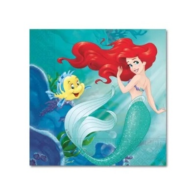 Desenho animado da sereia Ariel com um peixe amarelo e azul em fundo subaquático