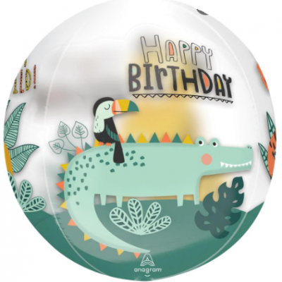 Balão redondo branco com crocodilo, tucano e texto Happy Birthday