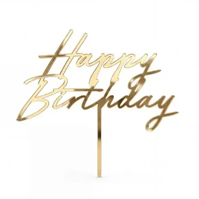 Topo de bolo dourado com frase Happy Birthday em fundo branco