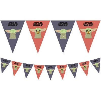 Bandeirola Star Wars com Baby Yoda e Yoda em tecido laranja e cinza