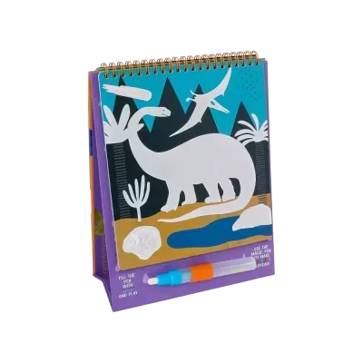Livro de atividade com espiral e caneta de água, ilustração de dinossauros