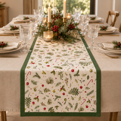 Mesa posta com caminho de mesa natalício em verde e branco e decoração de Natal