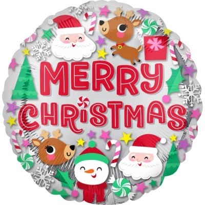 Balão redondo com design natalício Merry Christmas e personagens de Natal coloridos