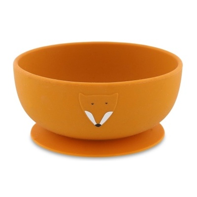 Taça pequena de silicone laranja com ventosa e rosto de raposa.