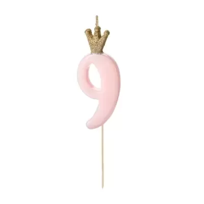 Vela aniversariante número 9 cor-de-rosa com coroa dourada brilhante