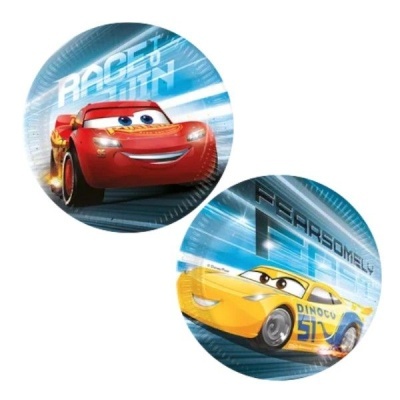 Dois pratos de papel decorativos com carros animados do filme Cars e texto relacionado à velocidade