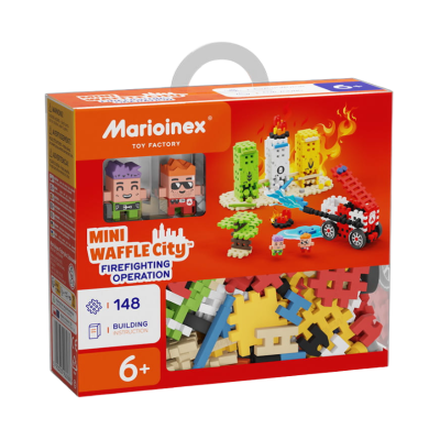 Caixa de brinquedo de construção com peças coloridas e figuras de blocos