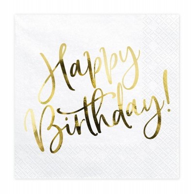 Guardanapo de papel branco com texto dourado Happy Birthday