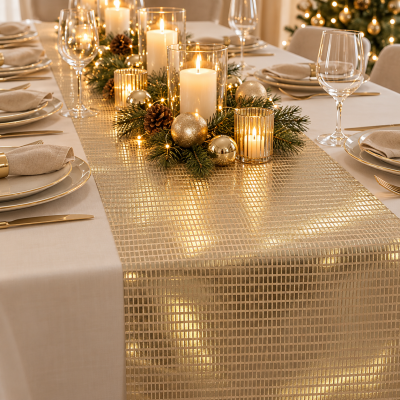 Mesa de jantar decorada com toalha bege e caminho de mesa dourado com velas e bolas douradas