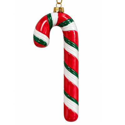Ornamento de Natal em forma de bengala doce com riscas vermelhas, brancas e verdes