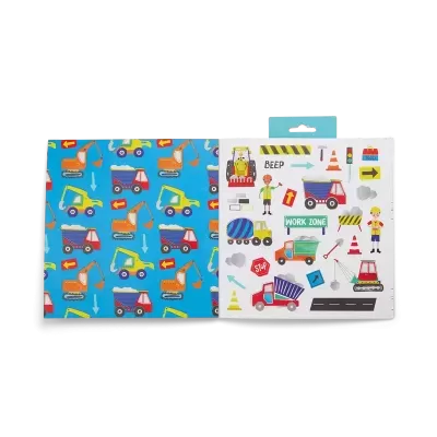 Papel infantil com padrão de carrinhos de construção e folhas de autocolantes coloridos de obra