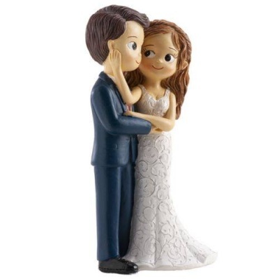 Figuras decorativas de noivos em cerâmica ou resina, noivo de fato azul e noiva de vestido branco.