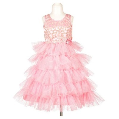 Vestido infantil cor-de-rosa com saia de tule e parte superior bordada