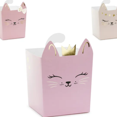 Três cestos decorativos para crianças em forma de gatinho rosa e branco