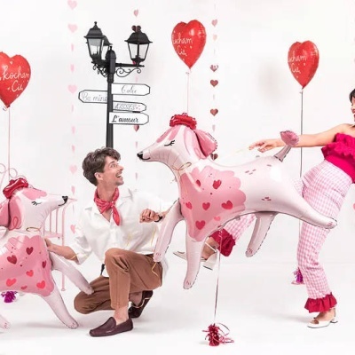 Duas pessoas com balões de cães cor-de-rosa e decoração em fundo branco