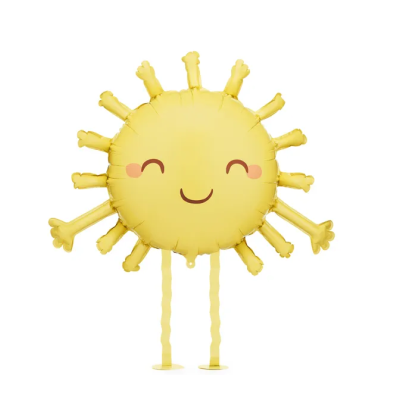 Balão amarelo em forma de sol sorridente com raios ao redor