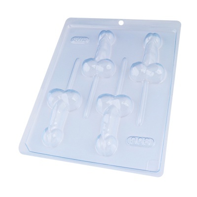 Molde plástico transparente para pirulitos em forma de pênis.