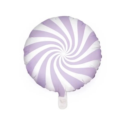 Balão de festa circular com padrão espiral lilás e branco