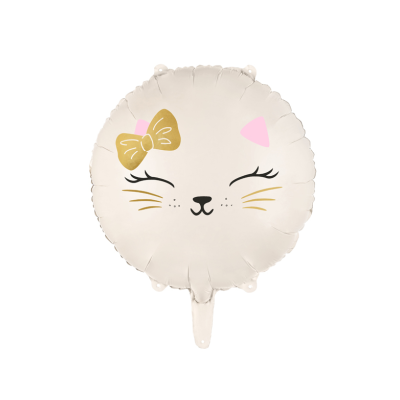 Balão foil branco com rosto de gato e laço dourado
