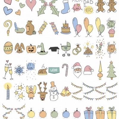 Desenhos coloridos de elementos festivos e sazonais com textos em inglês