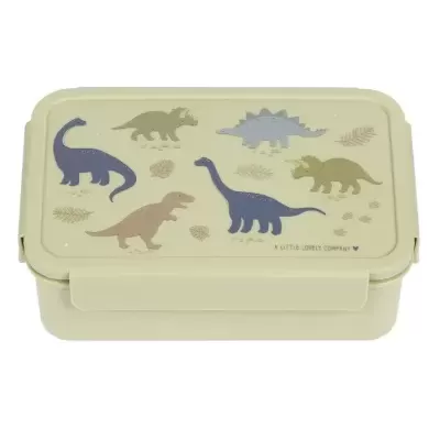 Caixa de plástico bege com desenhos de dinossauros