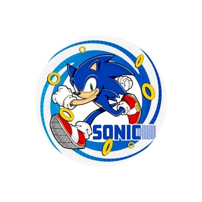 Ilustração circular de Sonic the Hedgehog com anéis amarelos e texto SONIC