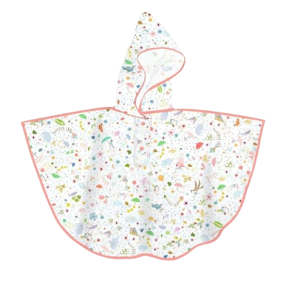 Poncho infantil branco com estampas coloridas e bordas cor-de-rosa