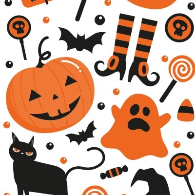 Desenhos de Halloween com abóbora, gato preto, fantasma e doces.