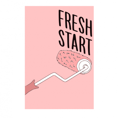 Rolo de pintura aplicando tinta rosa com texto 'FRESH START' em preto