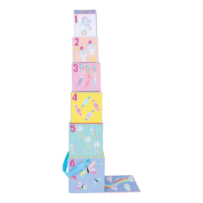 Seis cubos empilháveis coloridos com números e desenhos variados