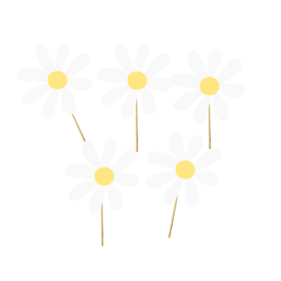 Cinco palitos decorativos com flores brancas e centro amarelo