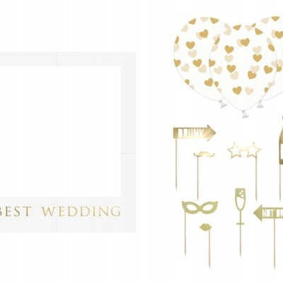 Conjunto para festa de casamento com moldura, balões e acessórios em dourado