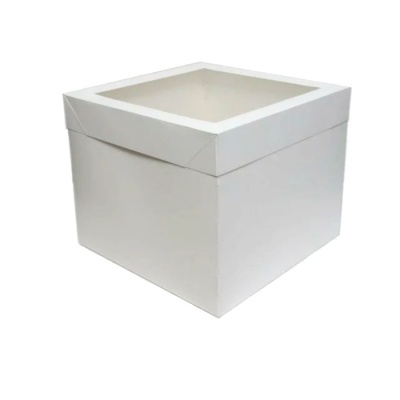 Caixa branca quadrada com tampa e janela transparente