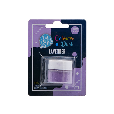 Pigmento em pó comestível lavanda em frasco pequeno embalado em cartão colorido