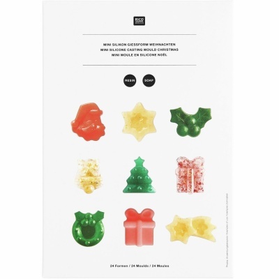 Moldes miniatura em silicone para Natal de várias formas coloridas, em fundo branco