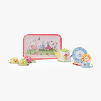 Conjunto de chá infantil em metal com ilustrações de animais num jardim e diversas cores