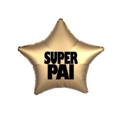 Balão dourado em forma de estrela com texto SUPERA PAI em preto