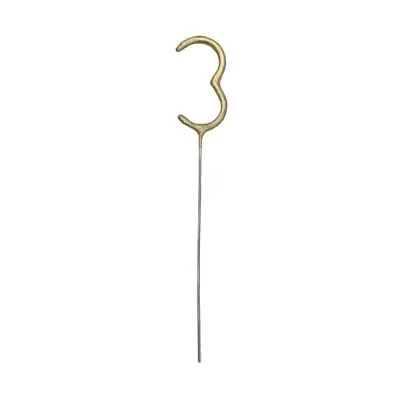 Vela dourada em forma do número 3 com suporte metálico