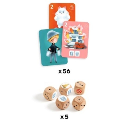 Cartas ilustradas coloridas e dados de madeira para jogo