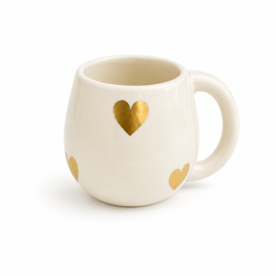 Caneca cerâmica branca com corações dourados