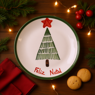 Prato decorativo de Natal com árvore pintada e texto 'Feliz Natal', ao lado toalha vermelha e biscoitos.