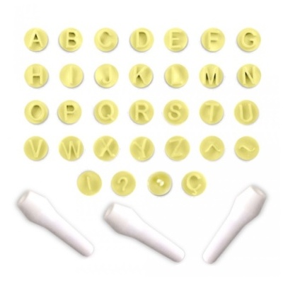 Carimbos de letras do alfabeto amarelas com três pegas brancas