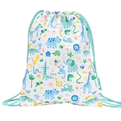 Saco mochila com padrão de animais selvagens coloridos sobre fundo branco