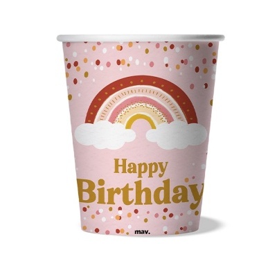 Copo de papel rosa decorado com arco-íris e texto 'Happy Birthday'